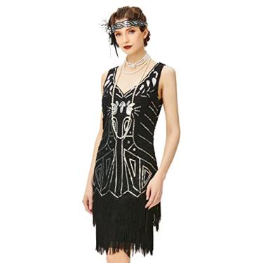 Imagem de BABEYOND Conjunto de vestidos melindrosa da década de 1920 com decote em V e franjas e vestido Gatsby, Preto, M