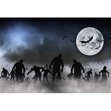 Imagem de DORCEV 2,7 x 1,8 m, pano de fundo de Halloween, noite, céu nublado, morcegos, lua cheia, zumbis, cemitério, fotografia de terror, tema do fim do mundo, assustador, decoração de festa de Halloween