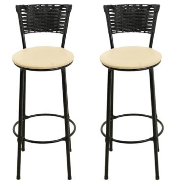 Imagem de Jogo de 2 Banquetas Alta De Fibra Sintética PRETO Casa Bar Balcão Junco Vime(BEGE)