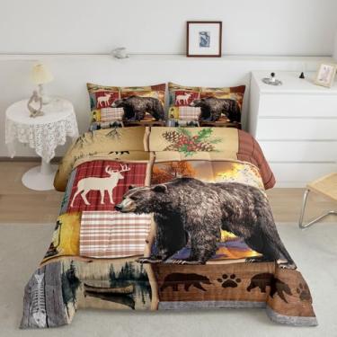Imagem de Feelyou Conjunto de edredom rústico com urso, tema de caça, para crianças, meninos, meninas, cervo rústico, decoração de cabana, conjunto de colcha, 3 peças, tamanho king