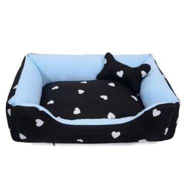 Imagem de Cama Caminha Pet para Cachorro ou Gato Médio 60cm x 47cm Lavável com Fundo Impermeável + Ossinho (Coração Preto Azul Bebe)