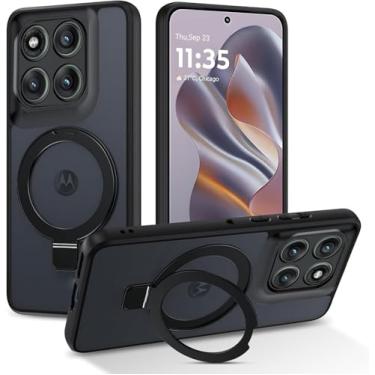 Imagem de Guizzcg Capa com suporte magnético para Motorola Moto Edge 60 Pro [compatível com Mag-Safe] Capa protetora traseira fosca translúcida à prova de choque para Moto Edge 60 Pro, suporte preto