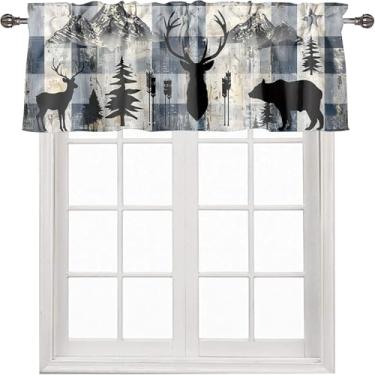 Imagem de Cortina de janela Bear Deer Valance Vintage Cabine Wild Animals Hunting Theme Plaid Lodge Rod Pocket Window Valance para sala de estar banheiro quarto cozinha 137 x 45 cm, 1 painel