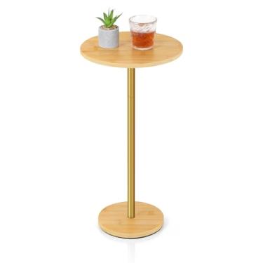 Imagem de Vrisa Mesa de bebida, pequena mesa lateral para pequenos espaços, mesa de canto com detalhes em pedestal redondo, mesa moderna de martini, para sala de estar, quarto, poltrona, pátio, natural