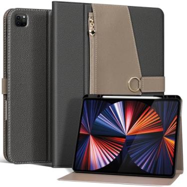 Imagem de XFYKJIN Capa de couro para iPad Pro de 12,9 polegadas (6ª/5ª/4ª/3ª geração 2022-2018) | Capa com suporte fólio com bolso, fivela, suporte para Apple Pencil | despertar/hibernar automaticamente |