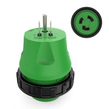 Imagem de RVGUARD Plugue adaptador RV de 3 garras de 15 Amp a 30 Amp com conector de bloqueio, adaptador conversor elétrico de 5-15P a L5-30R 125 volts CA para gerador de campista verde