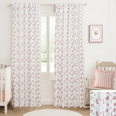Imagem de Cortinas blecaute florais fofas rosa para quarto de meninas de berçário, vintage, chique, rosa claro, branco, verde, boêmio, cortinas para decoração de quarto de crianças, adolescentes, 203 cm de