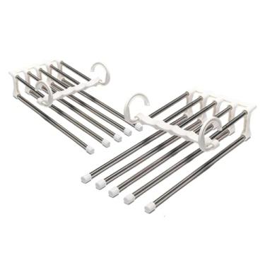 Imagem de Kit 2 Cabides Multifuncional Organizador de Calças, Aço Inox com 5 Divisórias, Retrátil, Gancho Giratório, Otimiza espaço, Posição Horizontal e Vertical, Dobrável - Branco
