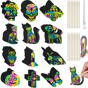 Imagem de Hollowfly 96 Pcs Day of The Dead Scratch Paper Kit Sugar Skull Scratch Paper Off Cards Day of The Dead Crafts for Halloween Scratch Hanging Ornaments Crafts Gift Party Classroom Drawing