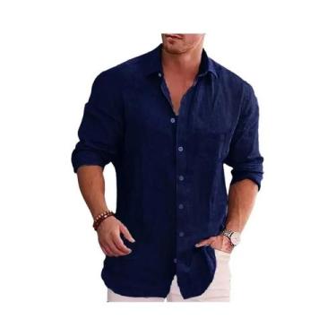 Imagem de Camisa Casual Masculina De Manga Comprida, Ajuste Solto, Cor Pura, Alg
