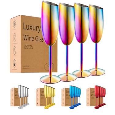 Imagem de UNISWEET Conjunto de 4 taças de champanhe, taças de champanhe de aço inoxidável para casamento e festa de aniversário, taça de champanhe inquebrável de boca inclinada de 200 ml com haste longa e