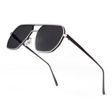 Imagem de Laurinny Óculos de sol grandes polarizados quadrados aviador para homens mulheres óculos de sol vintage grandes retrô metal masculino óculos de sol, Metal/cinza, G