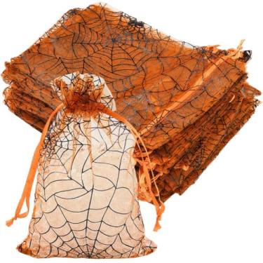 Imagem de SOFPLATE 50 peças mini sacolas de presente de organza para presente de Halloween, laranja, preto, animal, estampa de teia, bolsas de joias de malha transparente, embalagem de presente retangular para