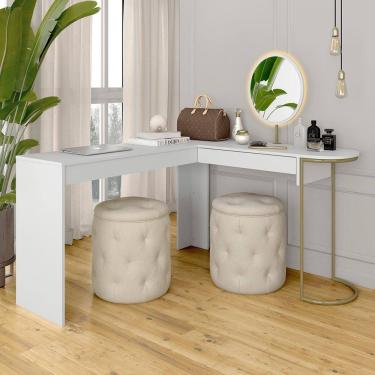 Imagem de Camarim Em L Industrial Com Led E Espelho Oval Mavi Dourado/bco - M.a