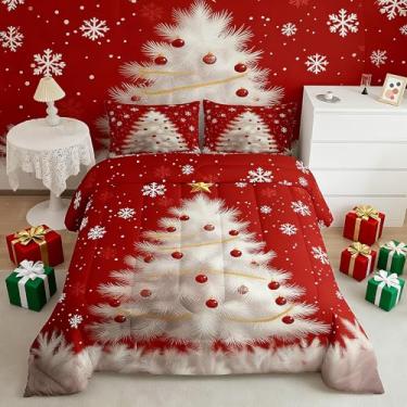 Imagem de Feelyou Conjunto de edredom infantil, solteiro, árvore de Natal, decoração de quarto de meninos, meninas, adolescentes, floco de neve, bola de Natal, vermelho, botânico, edredom respirável, leve, 2