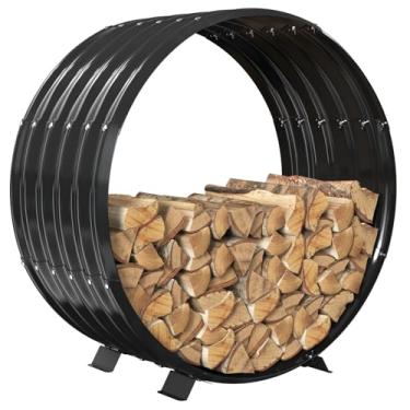 Imagem de VAMFUTRE Rack redondo de lenha de folha de metal por lareira interna/ao lado de fogueira externa - com pernas de metal, à prova de ferrugem, suporte de lenha durável e elegante (círculo, 81 cm de