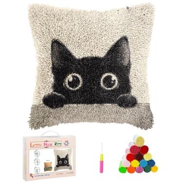 Imagem de Kits de capa de almofada de gancho de trinco DIY fofo gato preto espiando estampado à mão fronha crochê fio gancho e trava emboridery almofada para decoração de sofá de casa 43 x 43 cm (1)