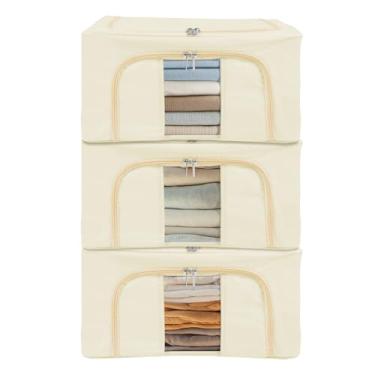 Imagem de Pacote com 3 caixas de roupas - caixa de metal de tecido Oxford - caixas empilháveis para suéter com janela transparente, zíperes e alças bidirecionais para armário e quarto, 38,5 x 20 x 30 cm (bege)