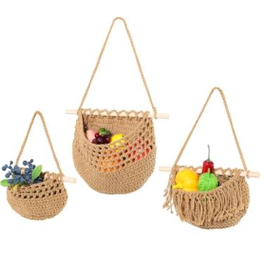 Imagem de Cesta de frutas suspensa de 3 camadas, cesta de parede boho para armazenamento de frutas e vegetais, cestas de armazenamento de algodão e linho para frutas, legumes, cebola – cestas decorativas de