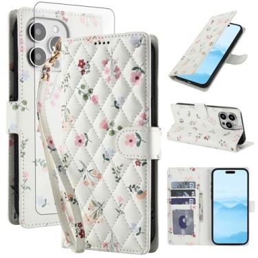 Imagem de Asuwish Capa de telefone para iPhone 16 Pro Max 17.5 cm carteira celular com protetor de tela de vidro temperado porta-cartão de flores com suporte para celular i Phone16 16Pro i16 ProMax 16ProMax