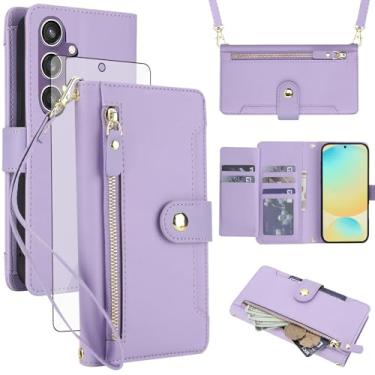 Imagem de Asuwish Capa de celular para Samsung Galaxy S24 FE 5G com zíper carteira, com protetor de tela de vidro temperado e alça transversal, suporte para cartão de crédito S 24 EF AI S24FE 24S mulheres
