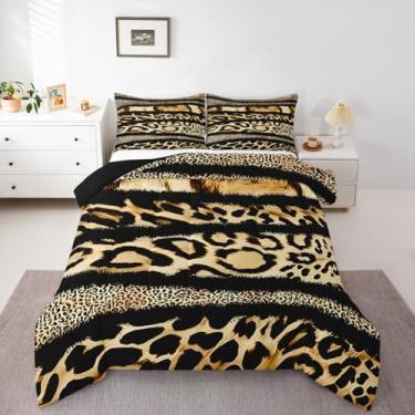 Imagem de Feelyou Conjunto de edredom com estampa de leopardo preto para todas as estações, com 2 fronhas, listras de pele de animal, roupa de cama queen, safári, macio, para decoração de quarto