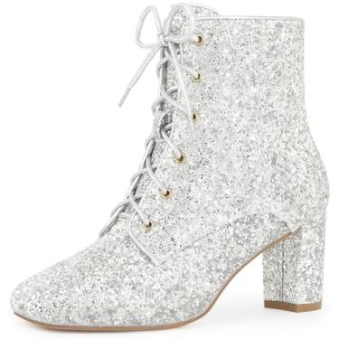 Imagem de Perphy Bota feminina com cadarço e bico quadrado brilhante e salto bloco de glitter, Prata, 38