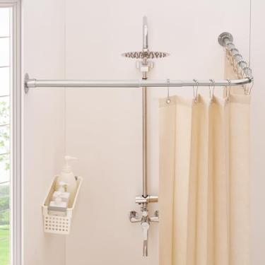 Imagem de Mirooyu Haste de cortina de chuveiro em forma de L, [61-119,4 cm] x [61-119,4 cm] Vara de chuveiro de canto duplo de 90 graus para banheiro, banheira e exterior com 12 ganchos e suporte de teto