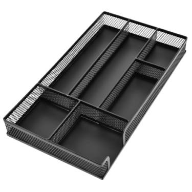 Imagem de Loyanger Organizador de gaveta de mesa, organizador de gaveta de malha de metal para escritório com 6 compartimentos, organizador de canetas para gavetas de mesa, acessórios de mesa (cor: preto)