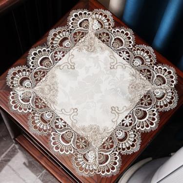 Imagem de Wuluwala Toalha de mesa quadrada de cabeceira, capa de mesa de cabeceira, toalha de mesa de renda de macramê, bordada, pequena capa de mesa de renda para festivais de casamento, festas de fim de ano