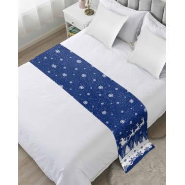 Imagem de DecorLovee Caminho de Natal azul marinho para cama queen size, mantas decorativas para os pés da cama, alce de Natal, floco de neve, cama, corredor, sofá, lenço, protetor para quarto/hotel