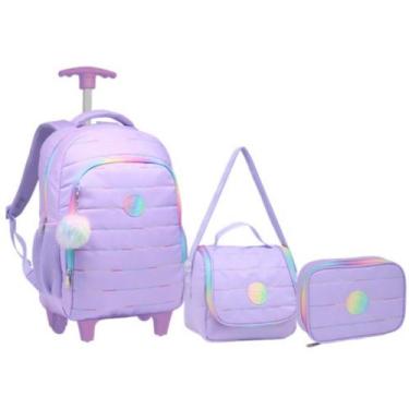 Imagem de Kit Mochila 18 Escolar Juvenil Estampa Liso Com 2 Rodas Feminino Com L