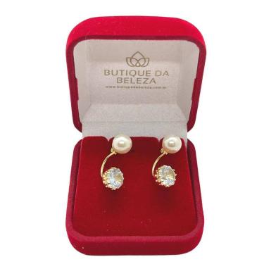 Imagem de Brinco folheado a ouro pérola e zircônia 8mm grace kelly semijoias em caixa de luxo