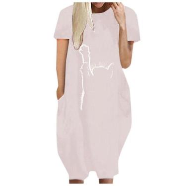 Imagem de Moda Feminina Loose Love Print O-neck Bolsos Casual Vestido de mangas 