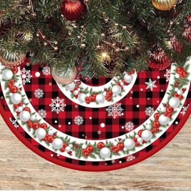Imagem de Saia para árvore de Natal 121 cm, tapete xadrez vermelho e preto, capa de base de árvore de Natal de Natal, colarinho, enfeites de decoração de férias de inverno