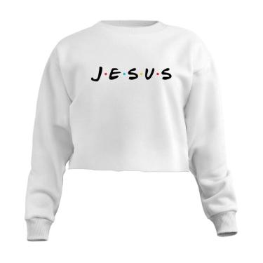 Imagem de Blusa Cropped Moletom Jesus Equilíbrio Bem e Mal Feminino Personalizado com Cintura Descosturada