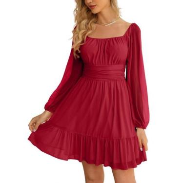 Imagem de Vestido Wenrine Mesh, manga comprida, gola quadrada, uma linha, vermel