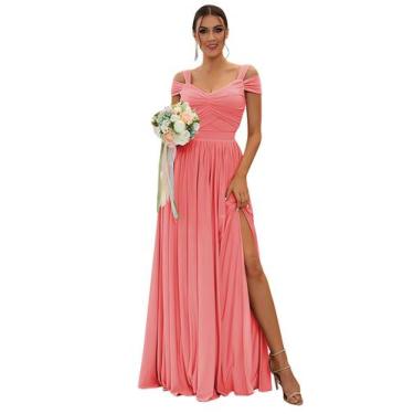 Imagem de Vestido de dama de honra SOLODISH de chiffon sem ombro com fenda coral