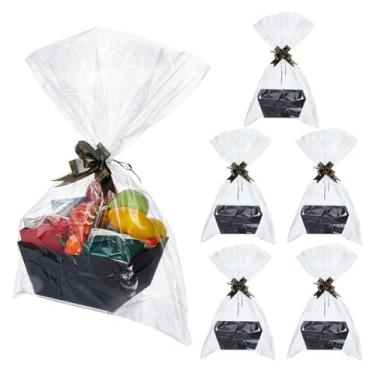 Imagem de SUPERFINDINGS Cesto de papelão preto, 6 peças, kit vazio com sacos de plástico e caixas de armazenamento de papel kraft com laço, cestas de presentes em massa para Páscoa, Natal, aniversário