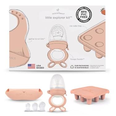 Imagem de Moss and Fawn Little Explorer Kit - Silicone Frozen Breast Milk Popsicle Kit with Forage Feeder, Teething Popsicle Ice Cube Tray, & Gather & Roll Baby Feeding Bib - BPA, PVC, & Lead-Free - Bloom