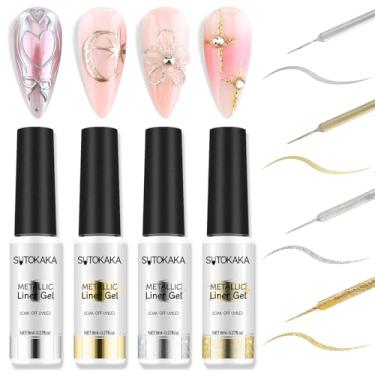 Imagem de SUTOKAKA Conjunto de esmalte de gel de delineador de unhas, 4 peças de esmalte de gel com glitter metálico prata bronze dourado com glitter e cores refletoras, descascador de gel para unhas de imersão