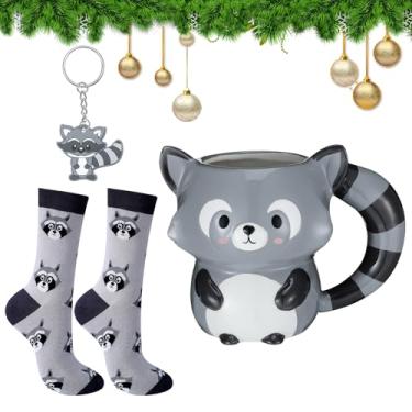 Imagem de Newtay Conjunto de 3 peças de presente de Natal com tema de guaxinim para mulheres, inclui caneca de guaxinim, chaveiro para lembrancinhas de festa de Natal