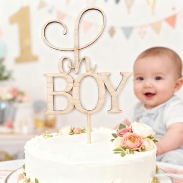 Imagem de Oh Boy Cake Topper - Wooden Rustic Boy Cake Decoration Sign Cake Charm for Baby Birthday Party/Baby Gender Reveal/Photo Booth Props