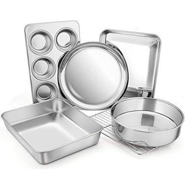 Imagem de Conjunto de utensílios para forno de torradeira, E-far 6 peças de aço inoxidável pequeno para assar, inclui assadeira de bolo e brownie/folha de biscoito com rack/muffin/forma de pizza, não tóxica e saudável, fácil de limpar e pode ir à lava-louças