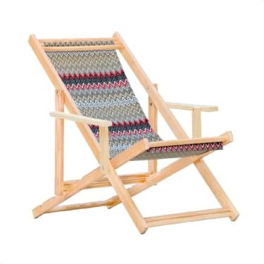 Imagem de Espreguiçadeira Reclinável Com Braço em Madeira Maciça Natural – Para Jardim, Varanda e Área Externa, Tecido Removível (Chevron Vermelho)