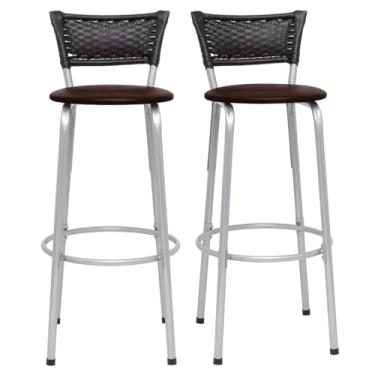 Imagem de Banqueta Altas Junco Preto Estrutura Prata 70cm Para Balcão Cozinha, Bar, Bistrô, Americano Kit 02 Unidades - Itagold (Assento Marrom Claro)