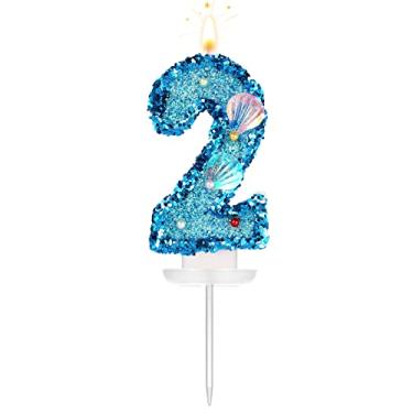 Imagem de Vela com número de aniversário de 7,6 cm, número de glitter, topo de bolo, concha, lantejoulas, número de bolo, para aniversário, casamento, aniversário, festa temática sereia (azul, 2)