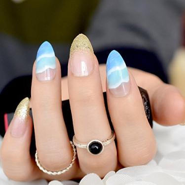Imagem de Blue Sky White Cloud French Press on Nails, Gold Glitter Fake Nails, Stiletto Medium Press on Nails, reutilizável Stick on Nails for Women Girls Gift, Jelly Glue on Nails Kit 24 Pcs