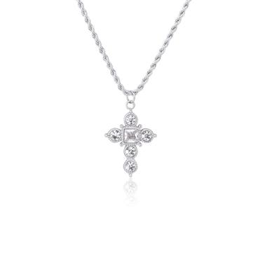 Imagem de Colar com pingente de cruz para mulheres - granada/esmeralda/zircônia cúbica branca diamante corrente de prata - cruzes de aço inoxidável não mancham joias femininas modernas - joias cristãs