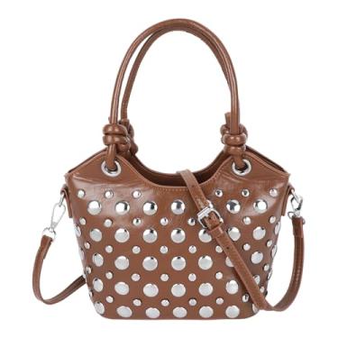 Imagem de Bolsa feminina de ombro com strass, camurça sintética, cristal, glitter, alça superior com correntes, bolsa nas axilas, Bolsa B-mini rebites, marrom, 17*10*15cm